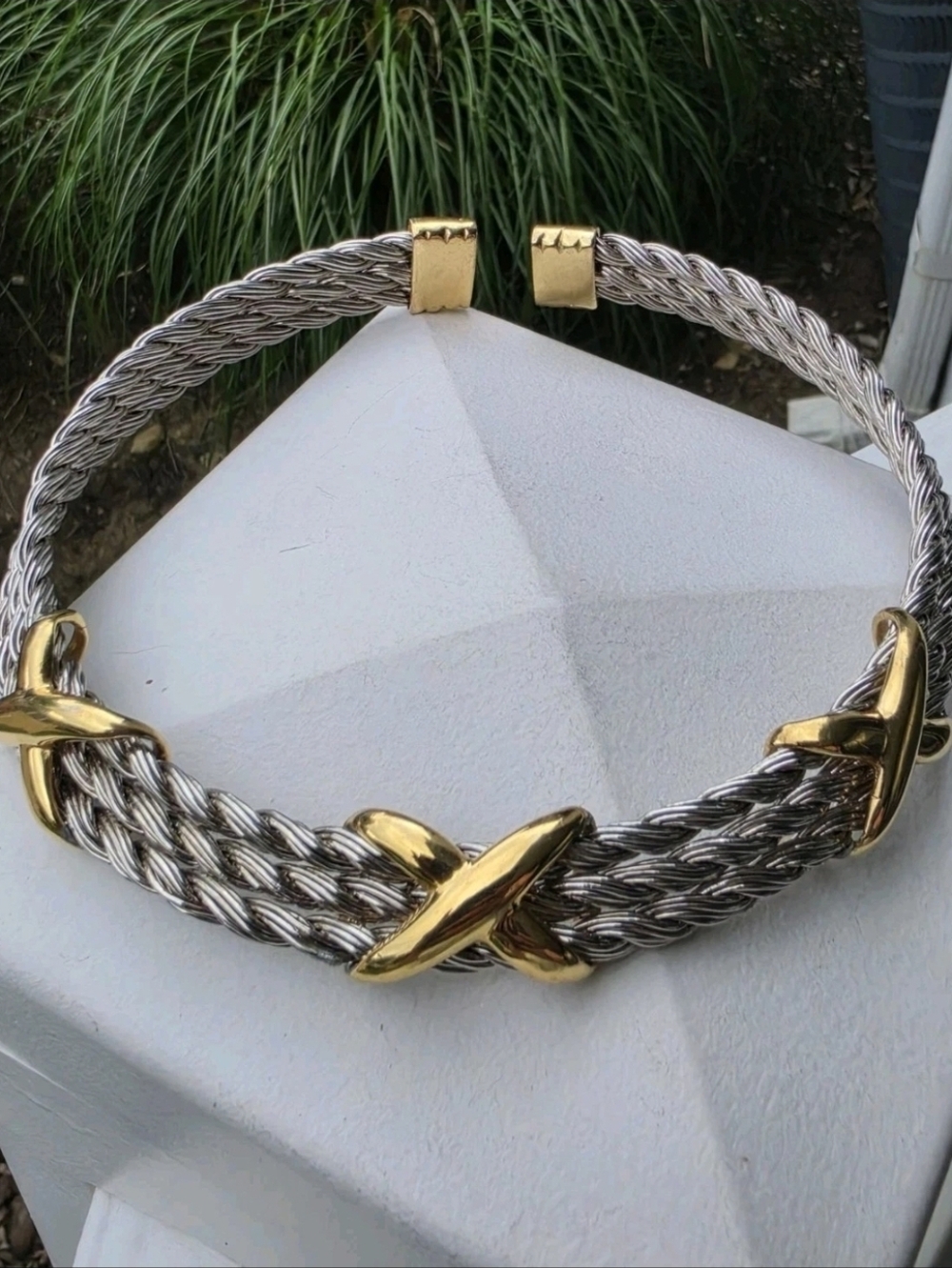 Vintage Two Tone Cable Collar Torque Necklace Gold Tone X Knot Rigid Choker 14"
